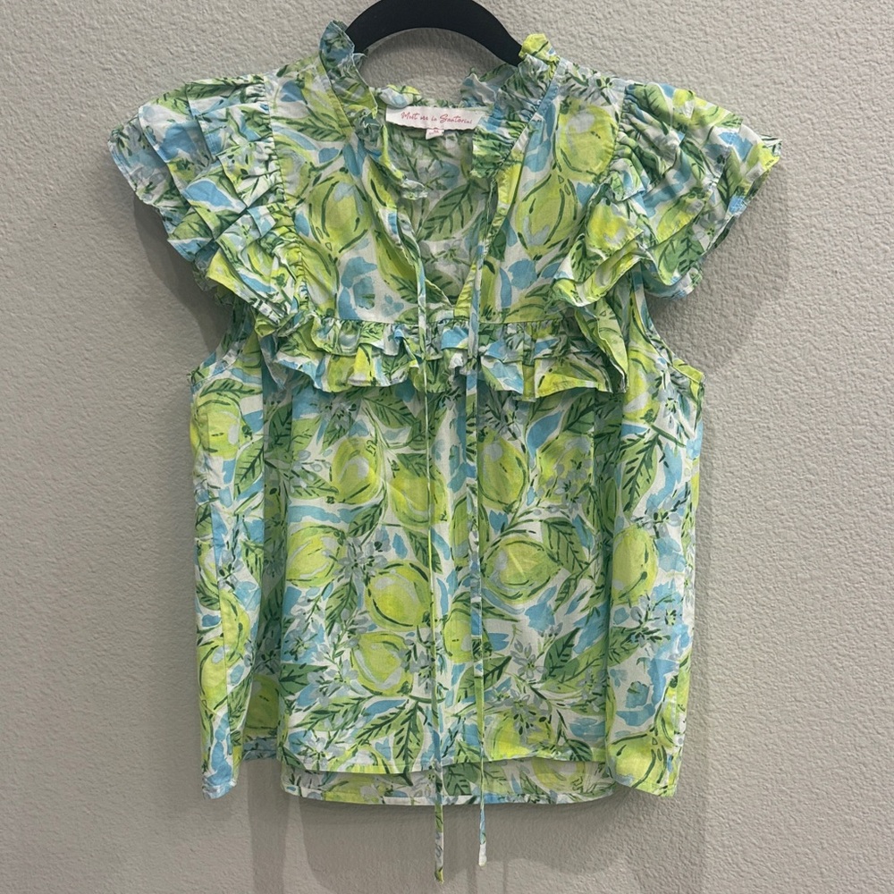 Floral Ruffle Blouse in Green and Blue